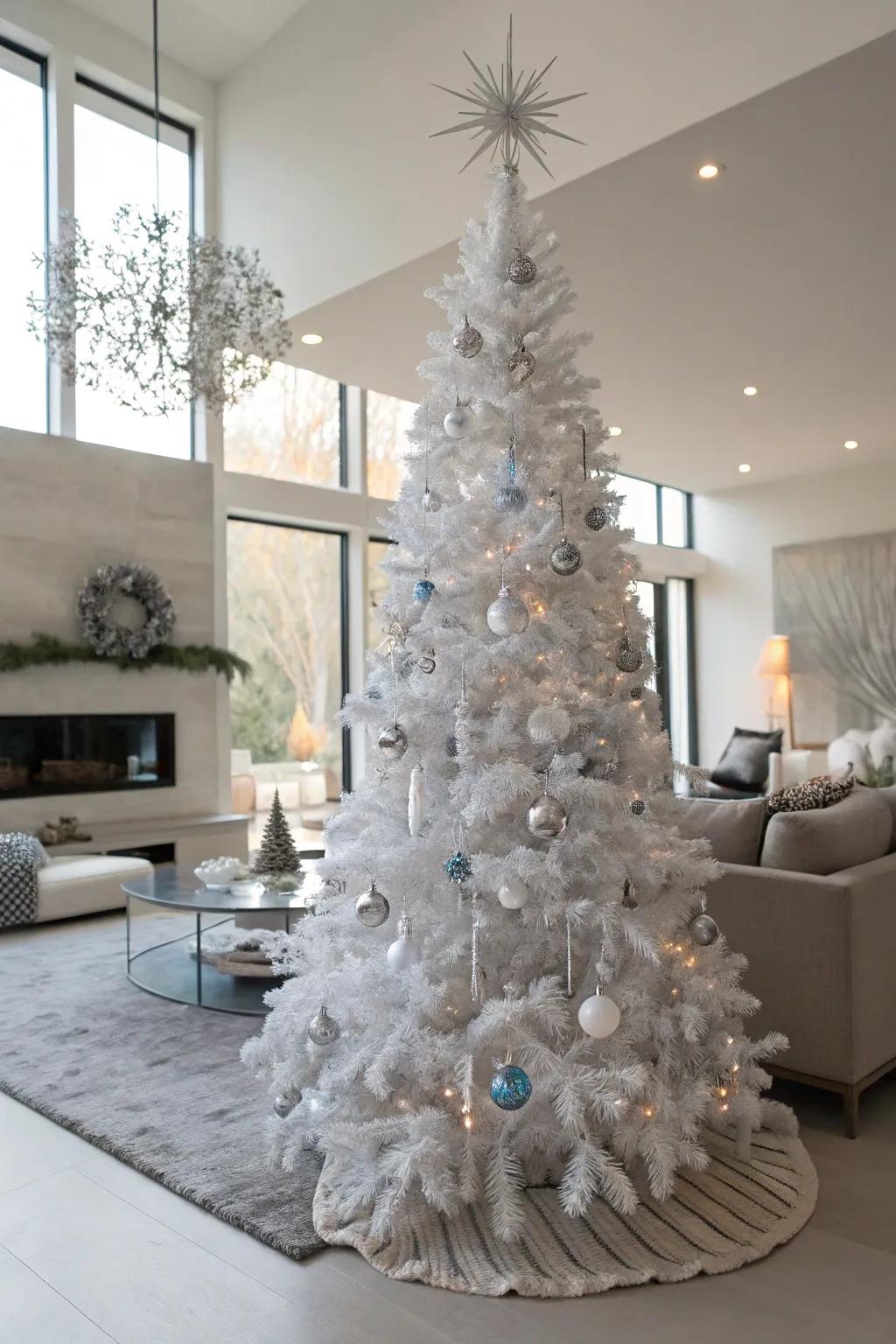 A winter wonderland crafted with silver snowflakes and icicles on a white tree.