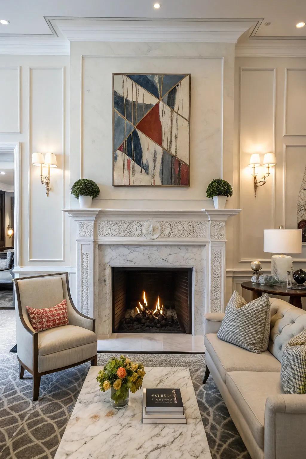 A white fireplace uplifted by a fascinating piece of modern art.