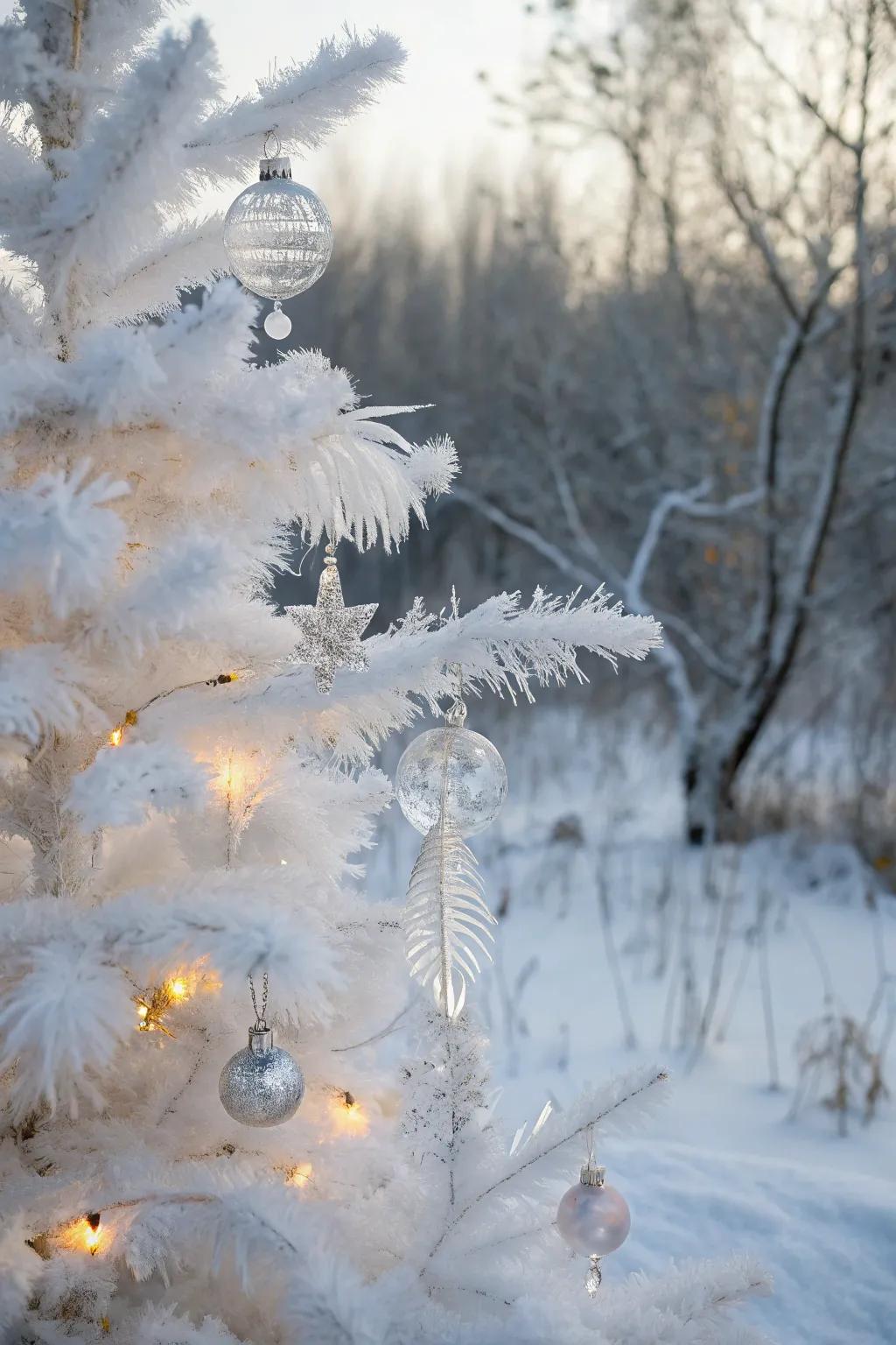 A white pencil tree styled as an icy scenery with feathers and glass trinkets.