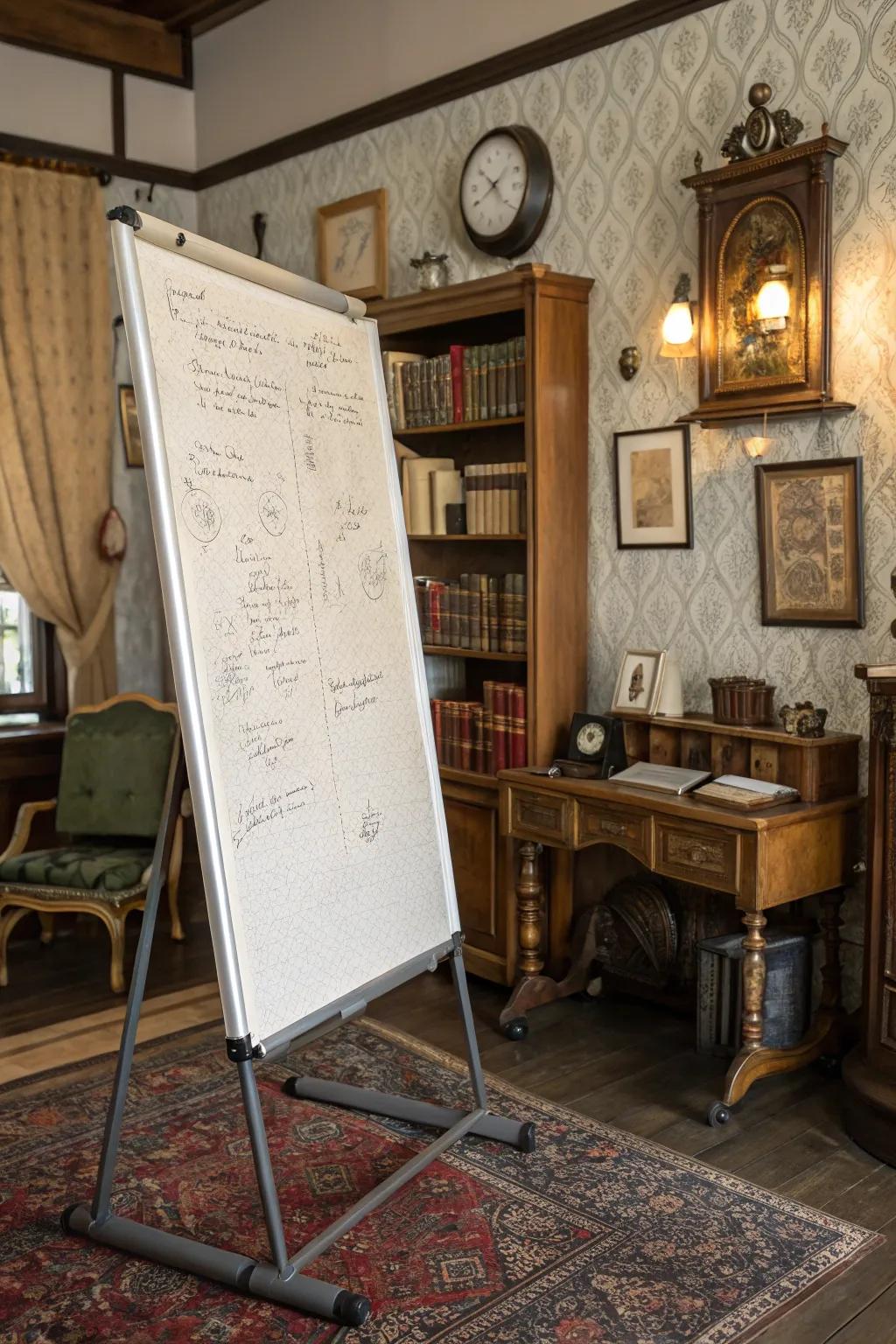 A fabric-clad whiteboard introduces warmth and texture to the study.