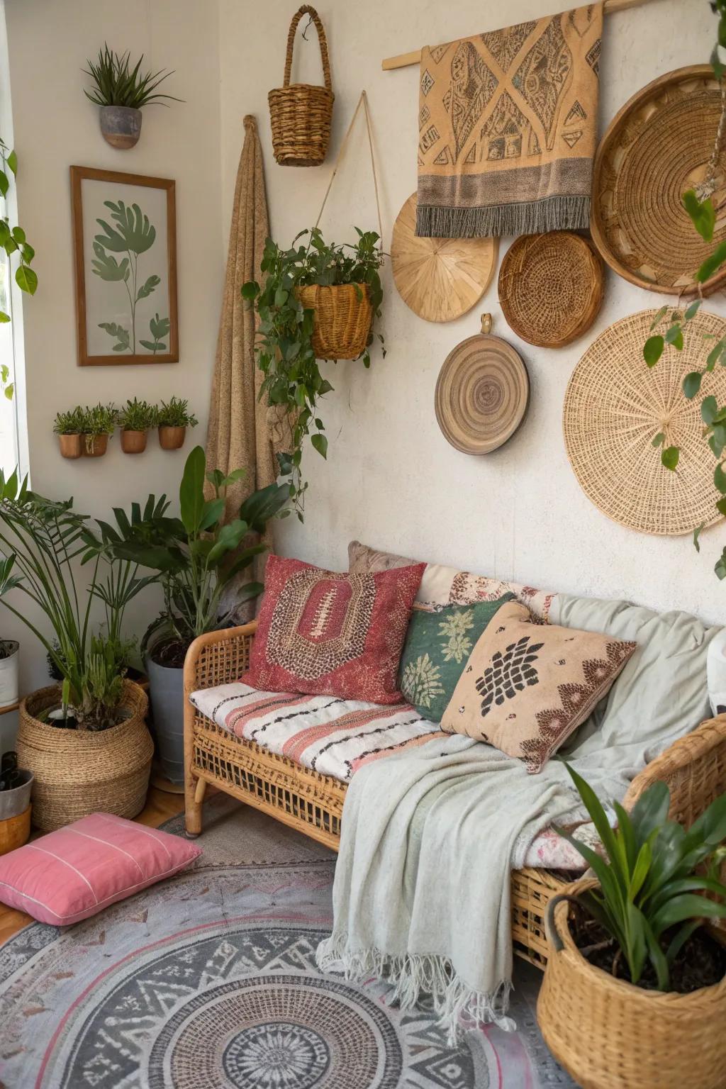 Combine woven materials with textiles for a carefree bohemian atmosphere.