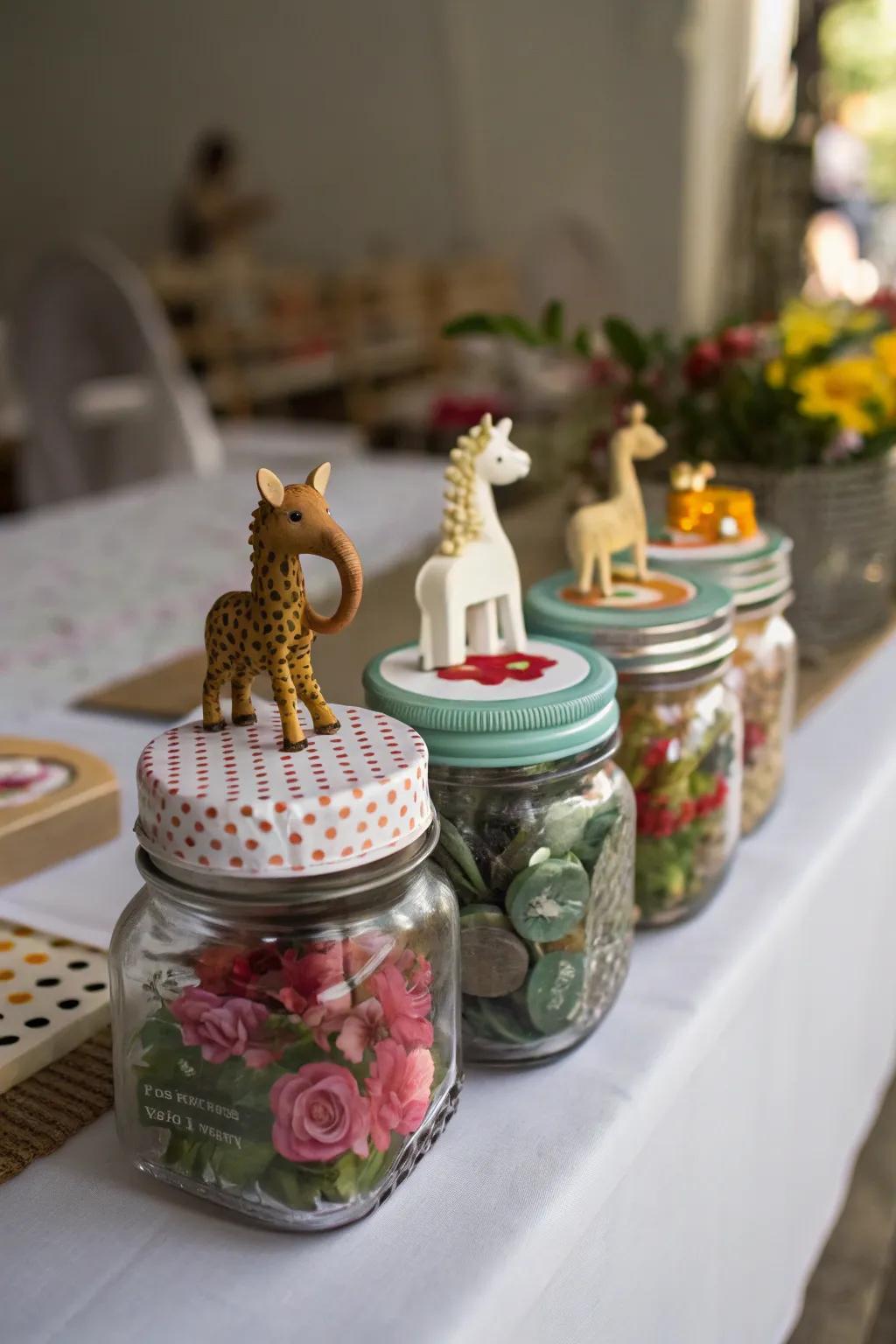Jars adorned through delightful creature figurines.
