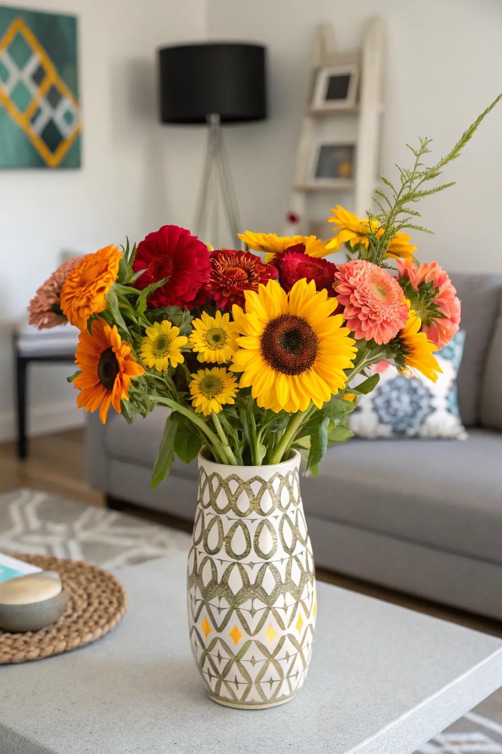 A bold vase amplifies the vivid colors apparent on wildflowers, constructing an impressive exhibition.