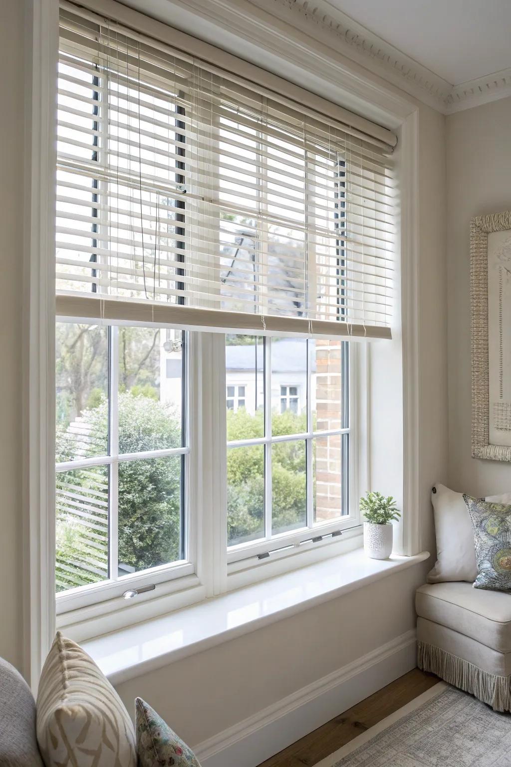 The positioning of shades with window dividers enhances the architectural style.