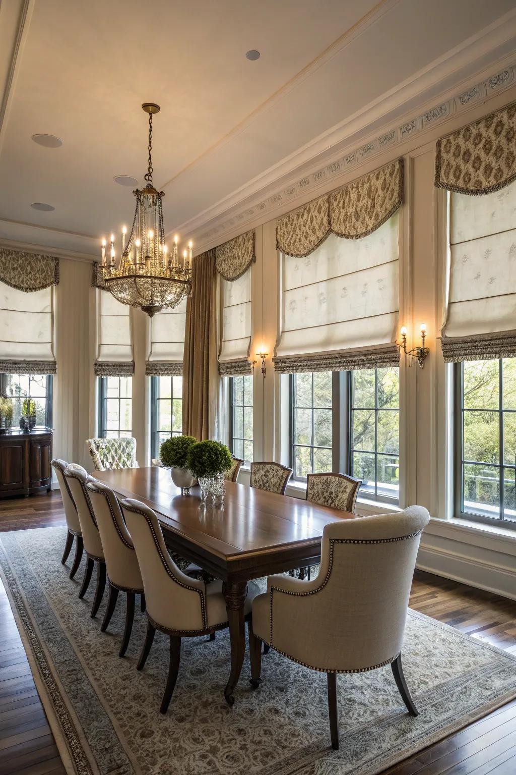 Roman shades deliver a crisp, tailored appearance.