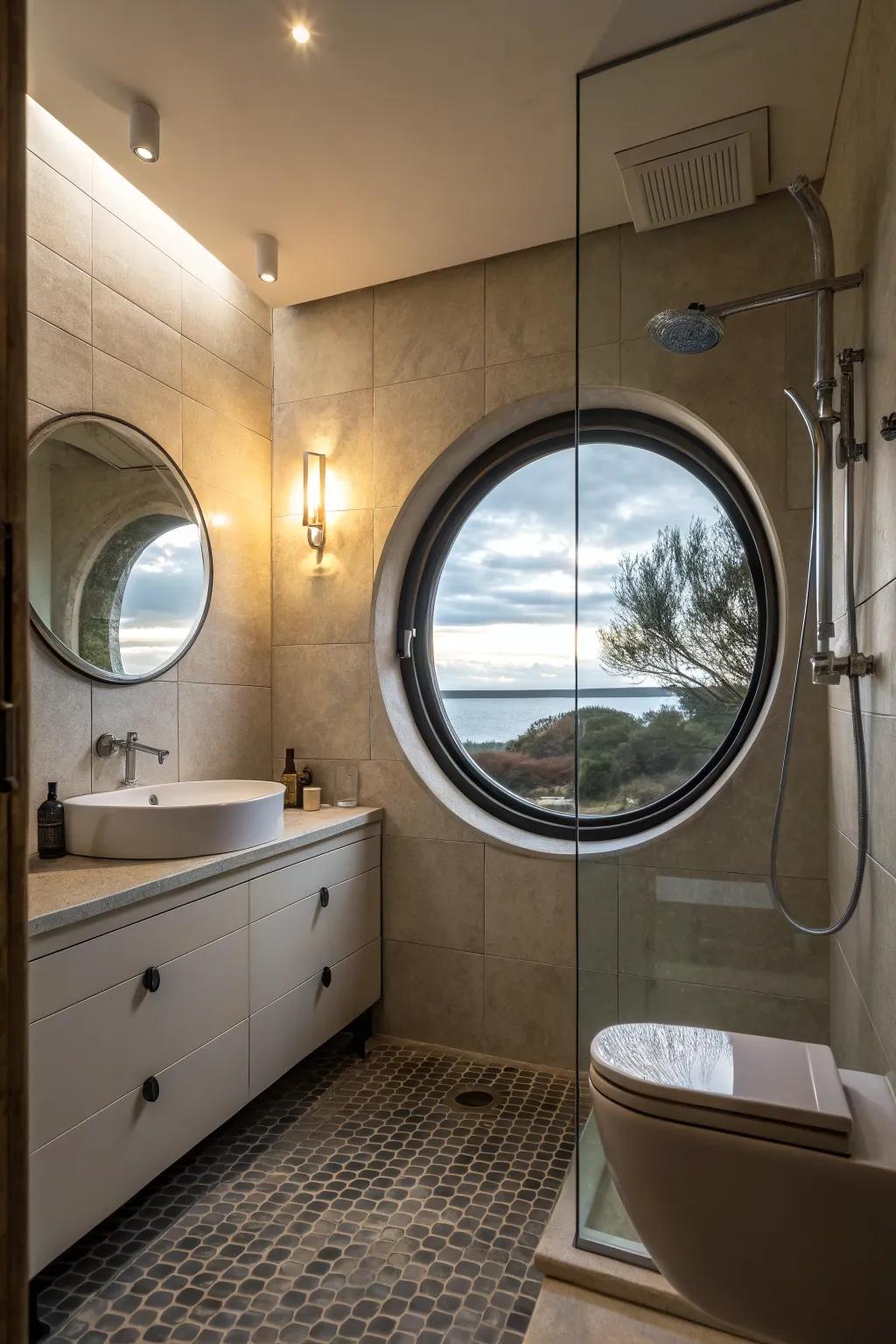 The bathroom has a distinctive architectural element thanks to the round window in the shower.