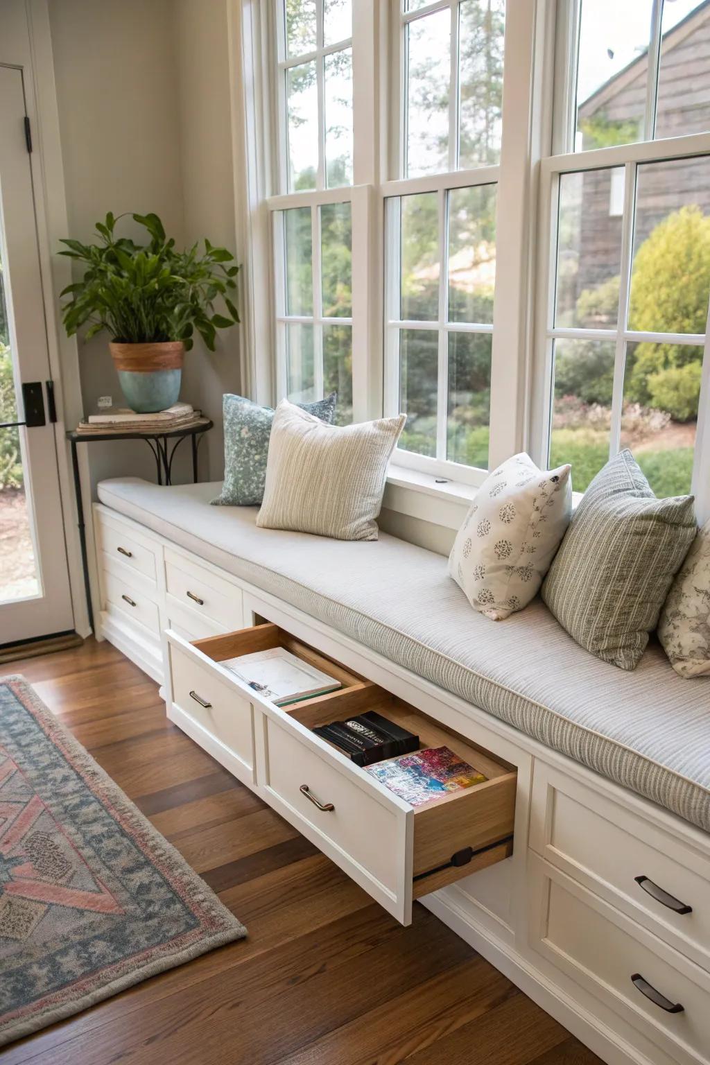 A window bench with integrated storage drawers to keep the area neat.