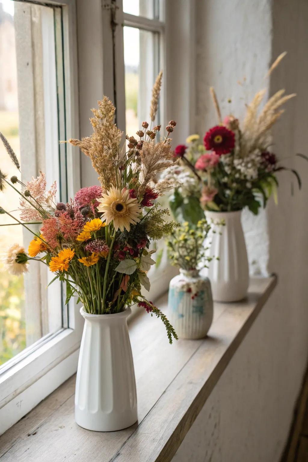 Vases showcasing both fresh and dried flowers contribute a touch of elegance to this window sill.