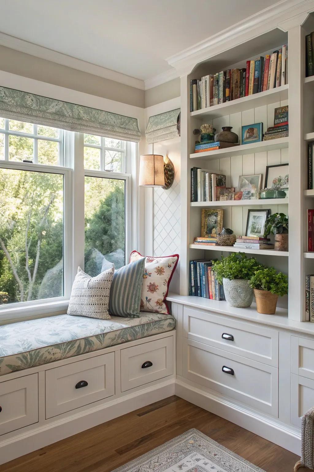 Storage concealed beneath the seating arrangement preserves your window area in an organized and clutter-free state.