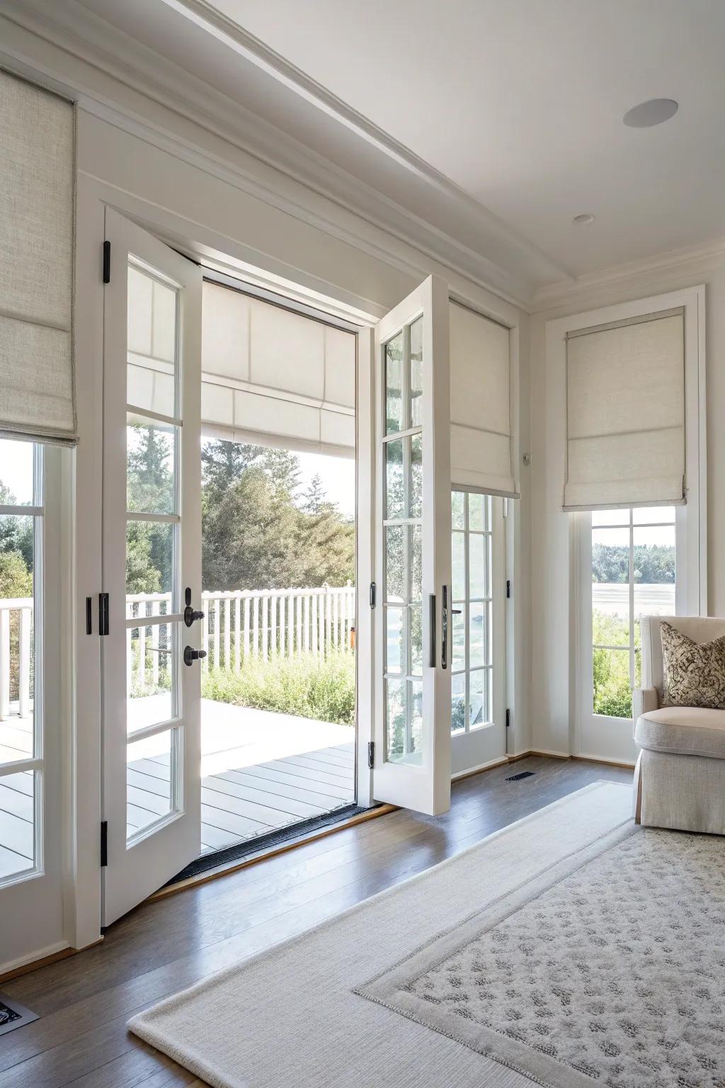 Roller shades present a streamlined, modern aesthetic for French doors.