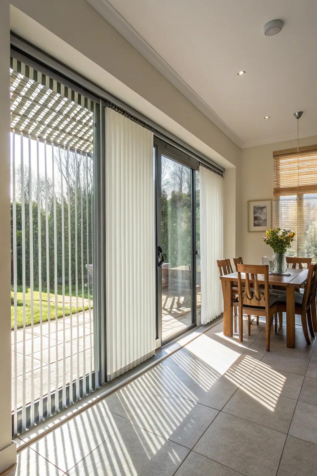 Vertical blinds providing functional light management in a dining area
