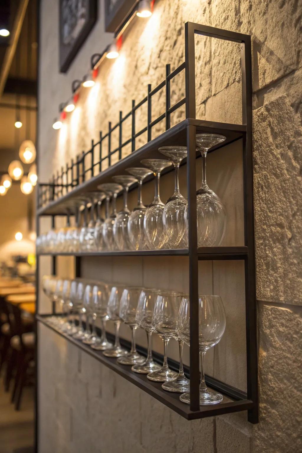 An attached-to-wall holder spotlighting wine glasses as artwork.