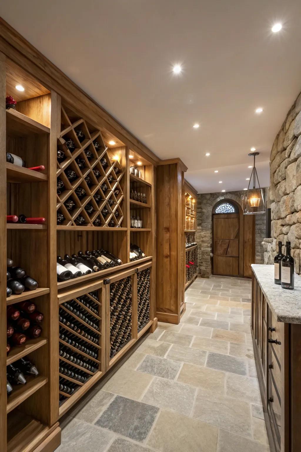 Sophistication added to the wine room with elegant built-in lights.