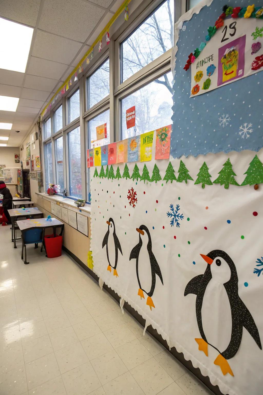 A flightless bird procession brings charm to the winter bulletin board.