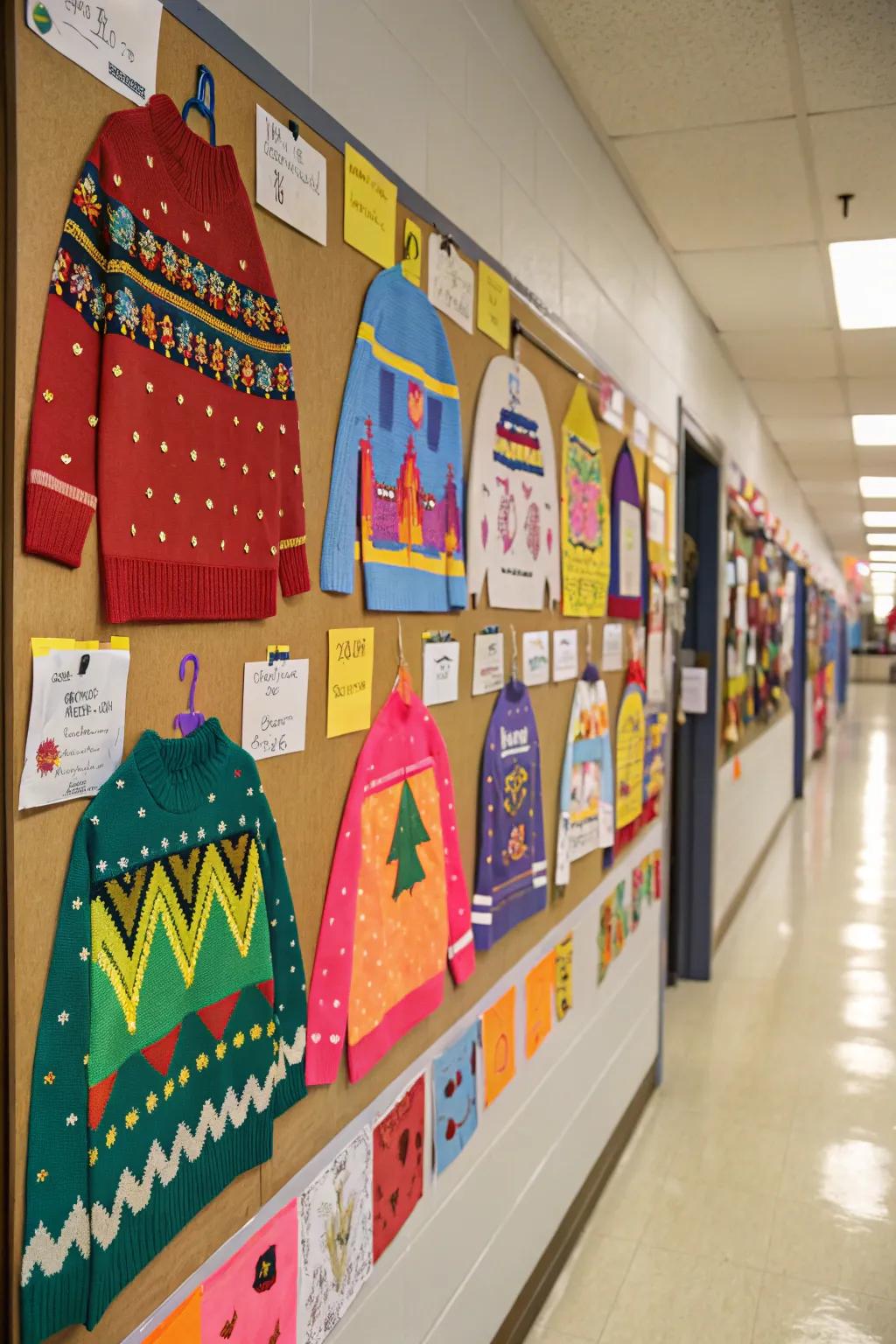 A display of comfortable sweaters gives the winter bulletin board a cozy touch.