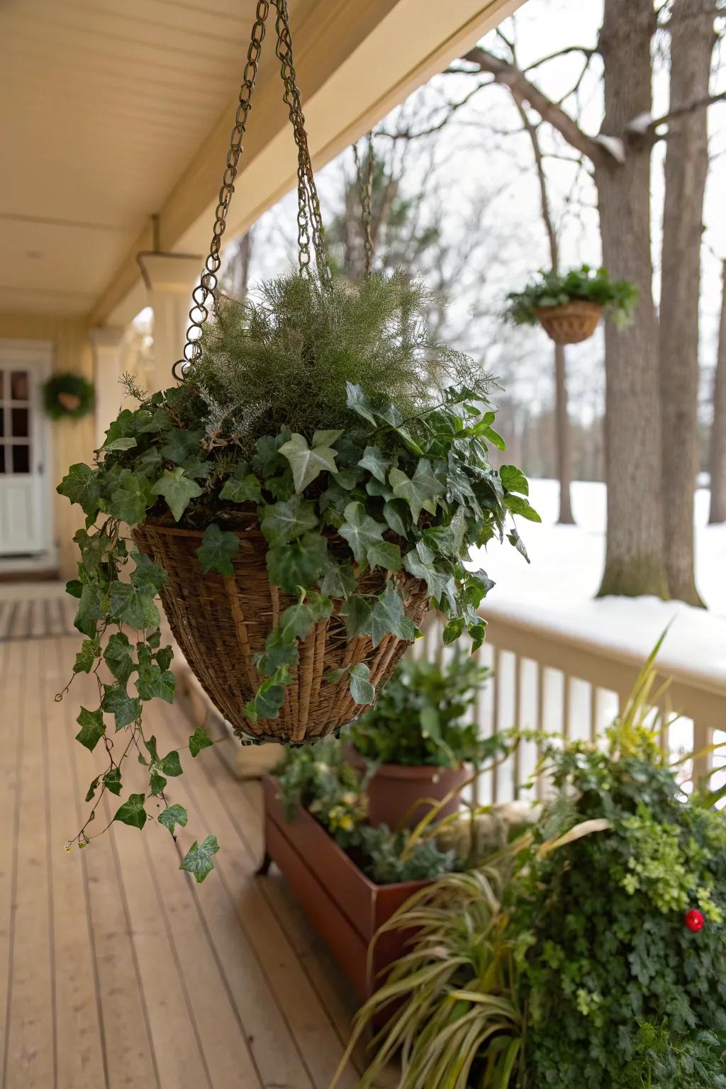 Ivy lends a hint of sophistication to hanging baskets.