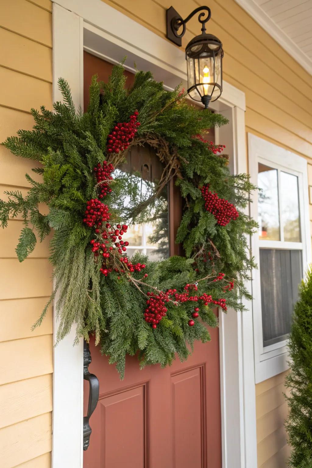 An inviting evergreen wreath with crimson berries enhances the entryway.