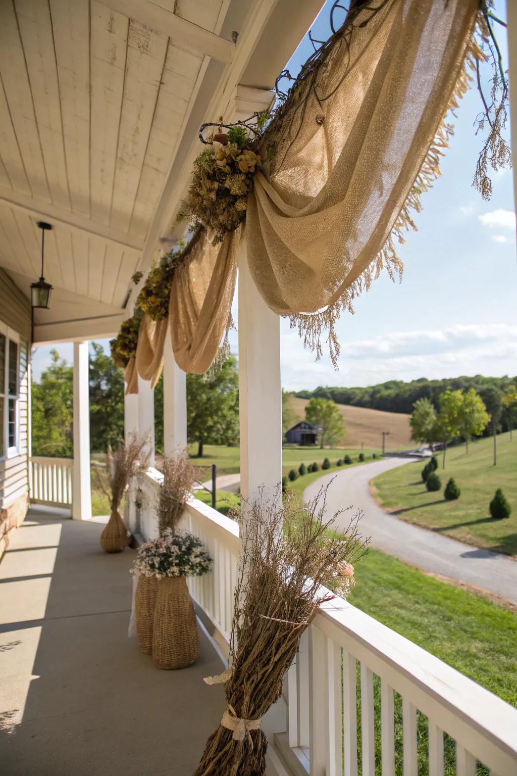 Burlap and twigs create a cozy, rustic swag.