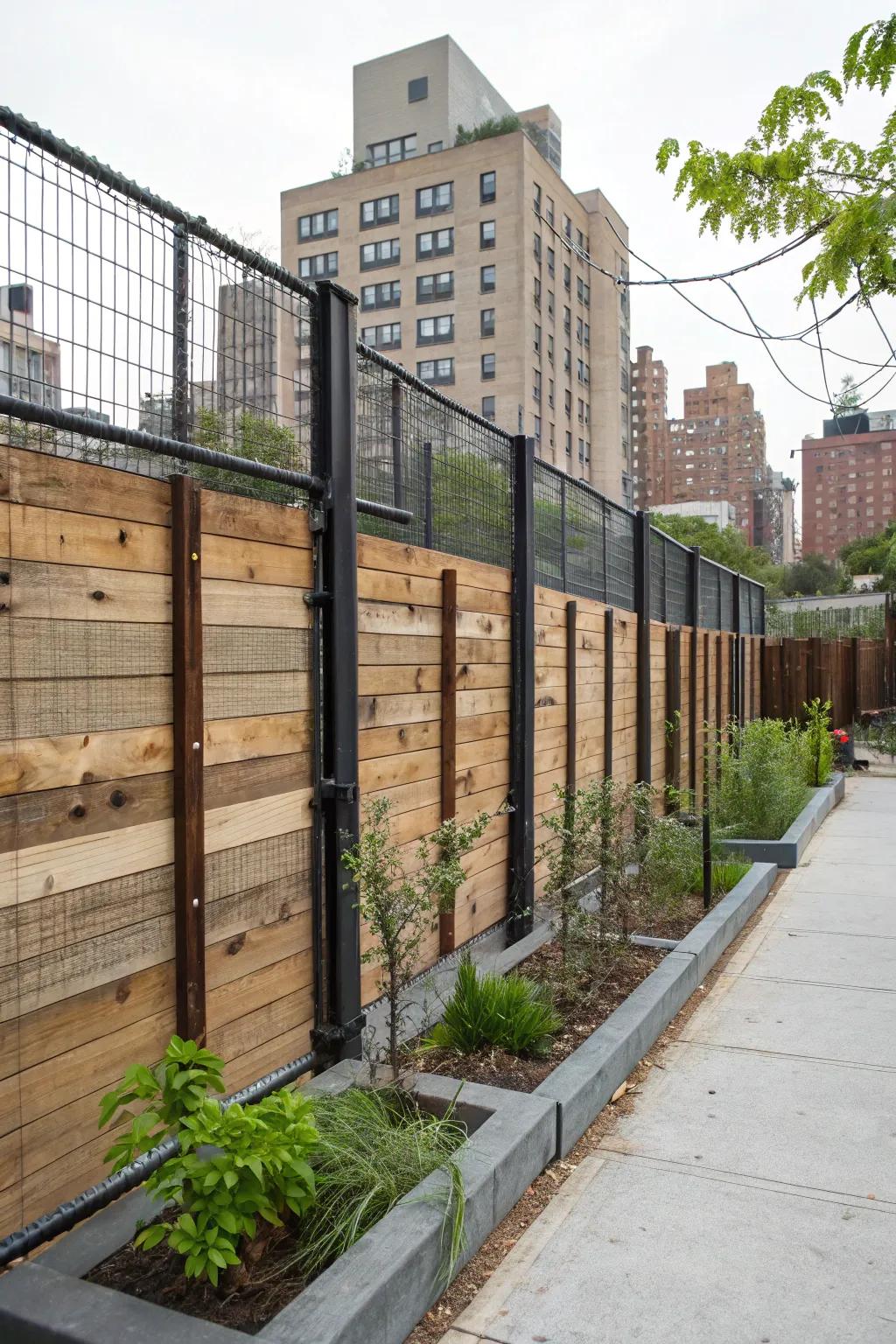 An urban-inspired fence using unfinished timber and visible metalwork.