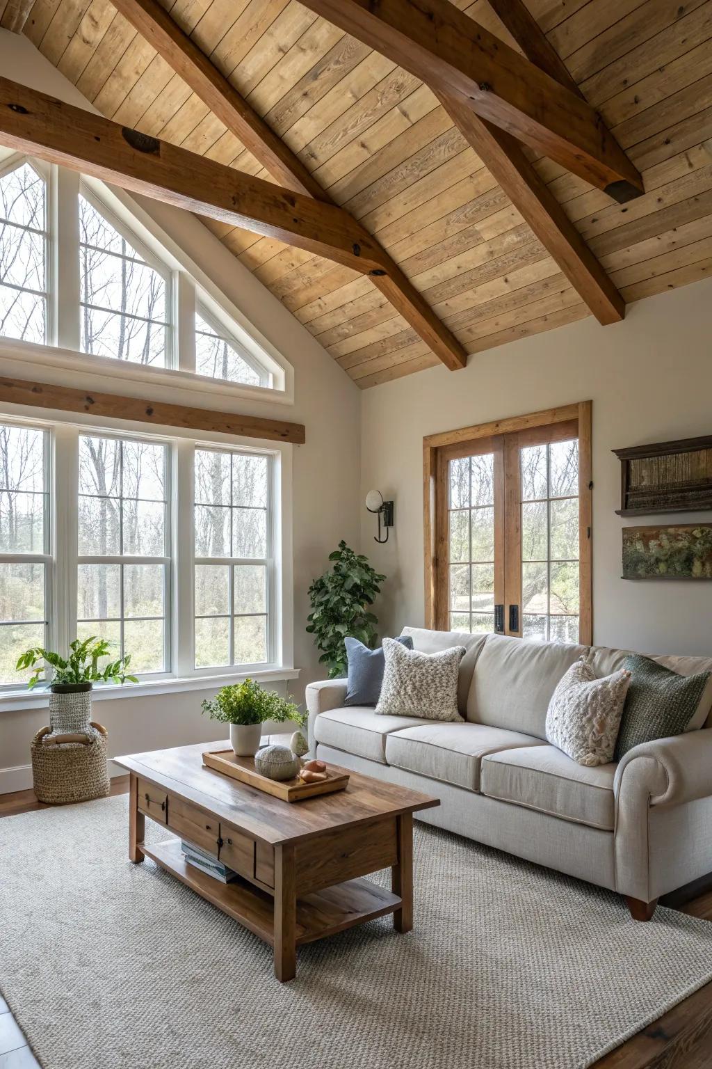 Tranquil family room featuring subdued tones and timber supports.