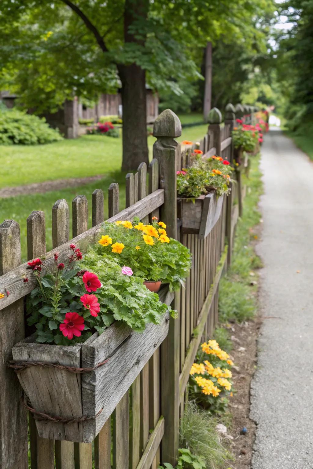 Flower beds incorporated into a fence design bring an explosion of greenery to your outdoor space.