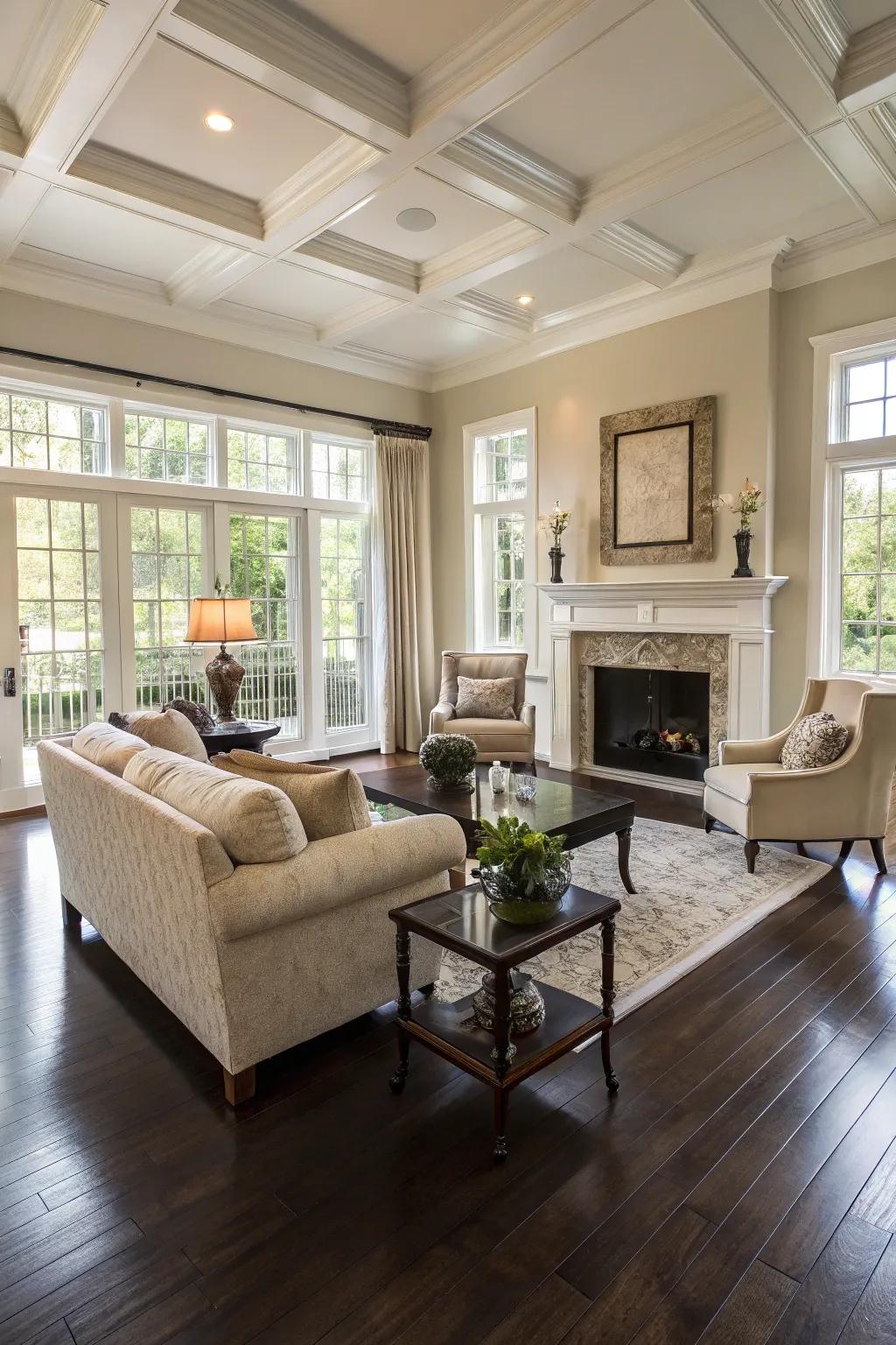 Lavish lounge featuring deep pigmented wood flooring.