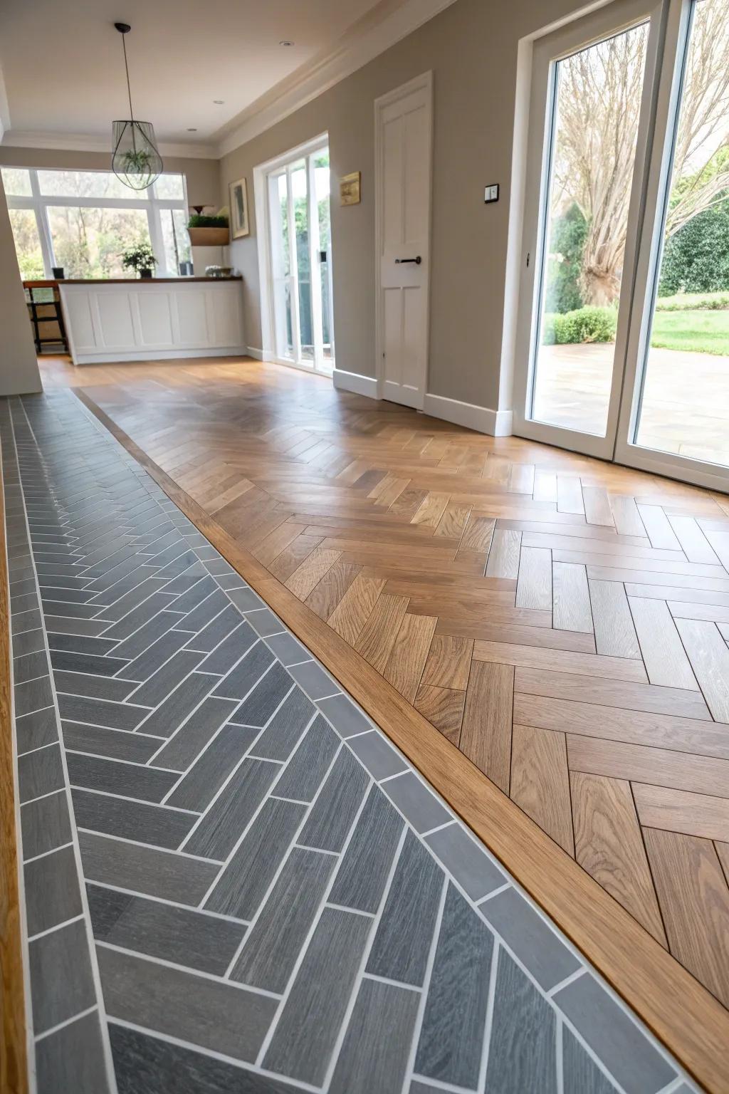 A sprawling open space showcasing a chevron design shift from tile to wooden flooring.
