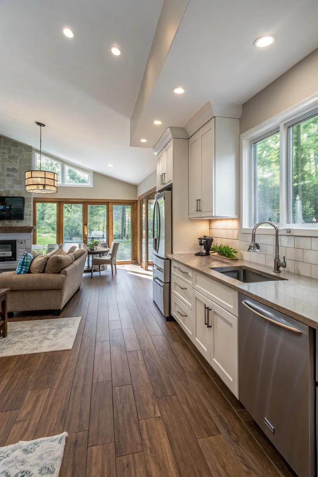 Harmonious shifts from tile to wood foster a streamlined ambiance amongst spaces.