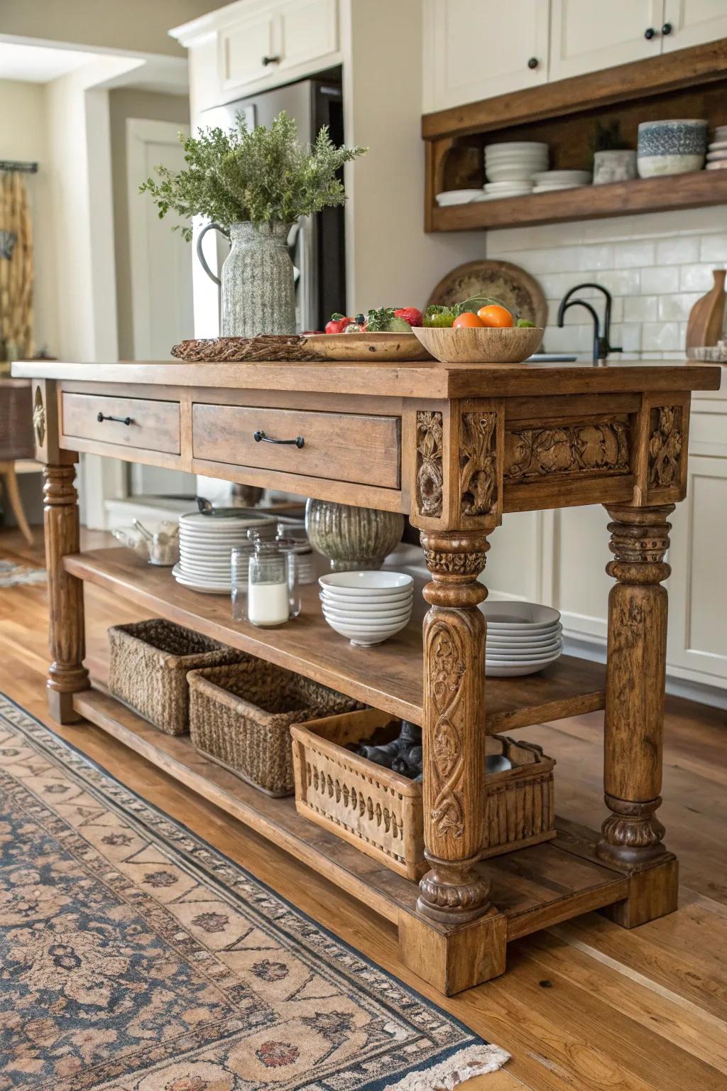 A farmhouse-style island radiates warmth and welcome.