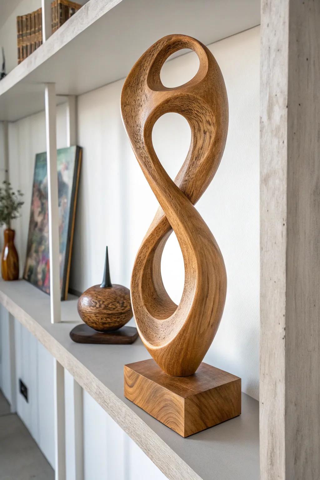 Enhance your space with a modern conceptual wooden sculpture.