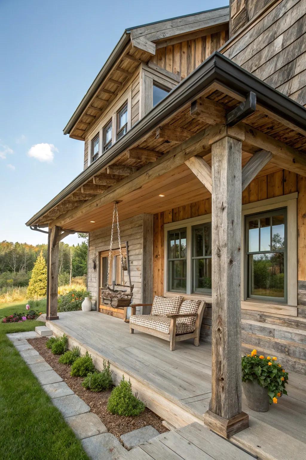 Salvaged timber soffits offer both rustic charm and ecological benefits.