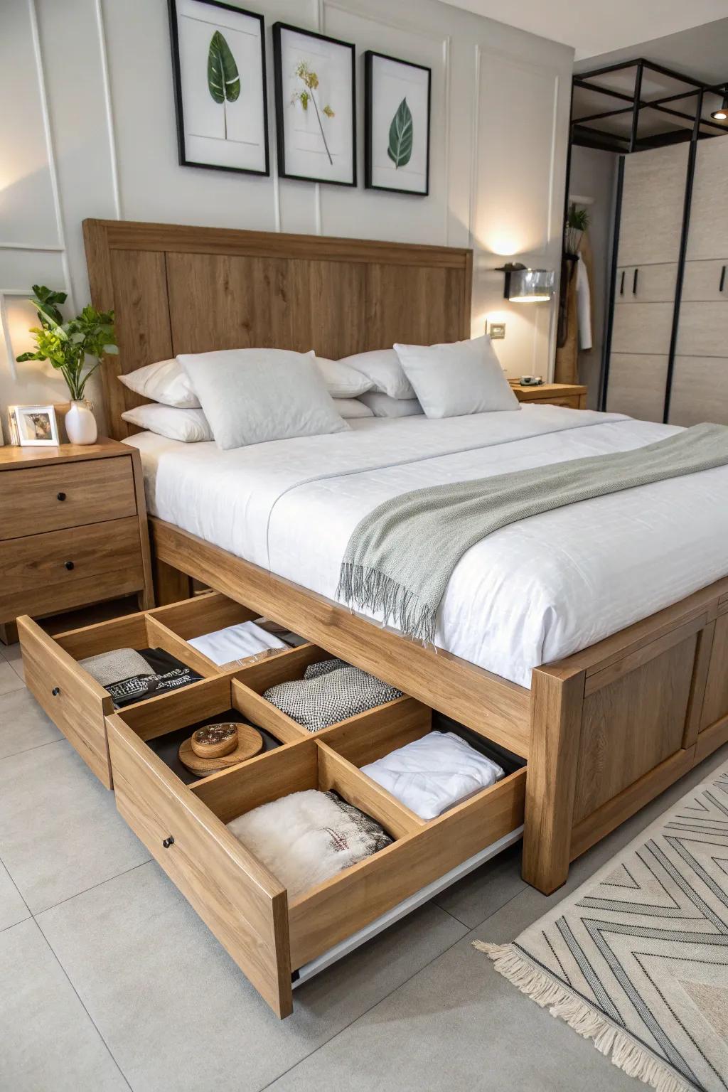 A wood bed offering ingenious storage solutions.