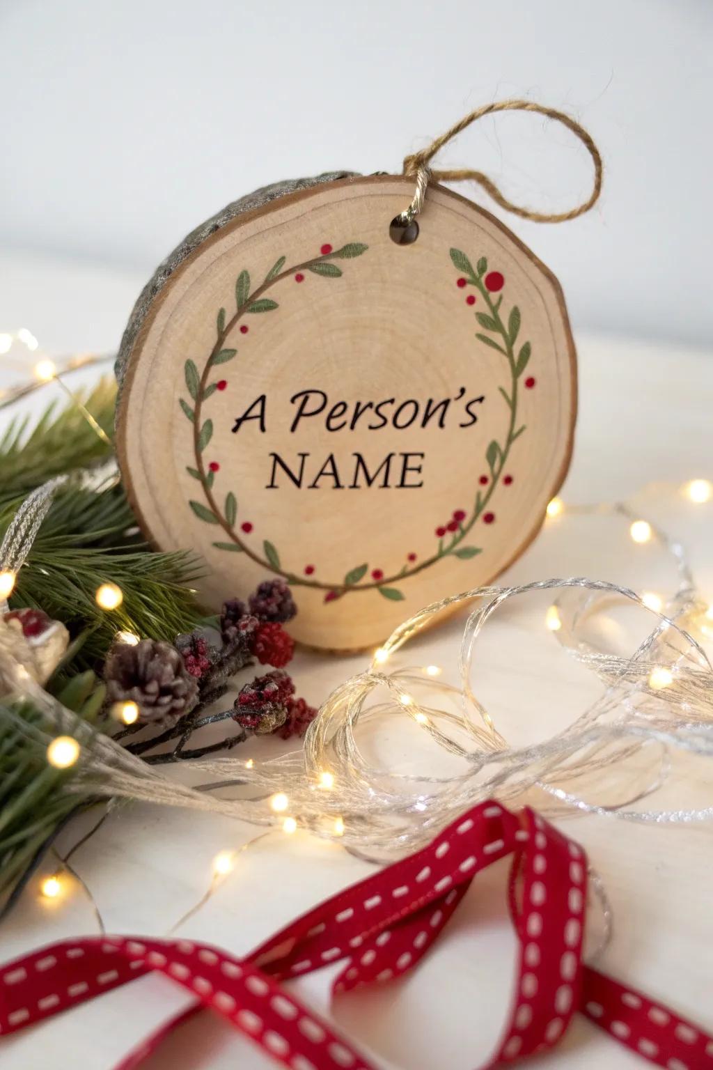 Bespoke wooden disk ornament featuring refined penmanship.