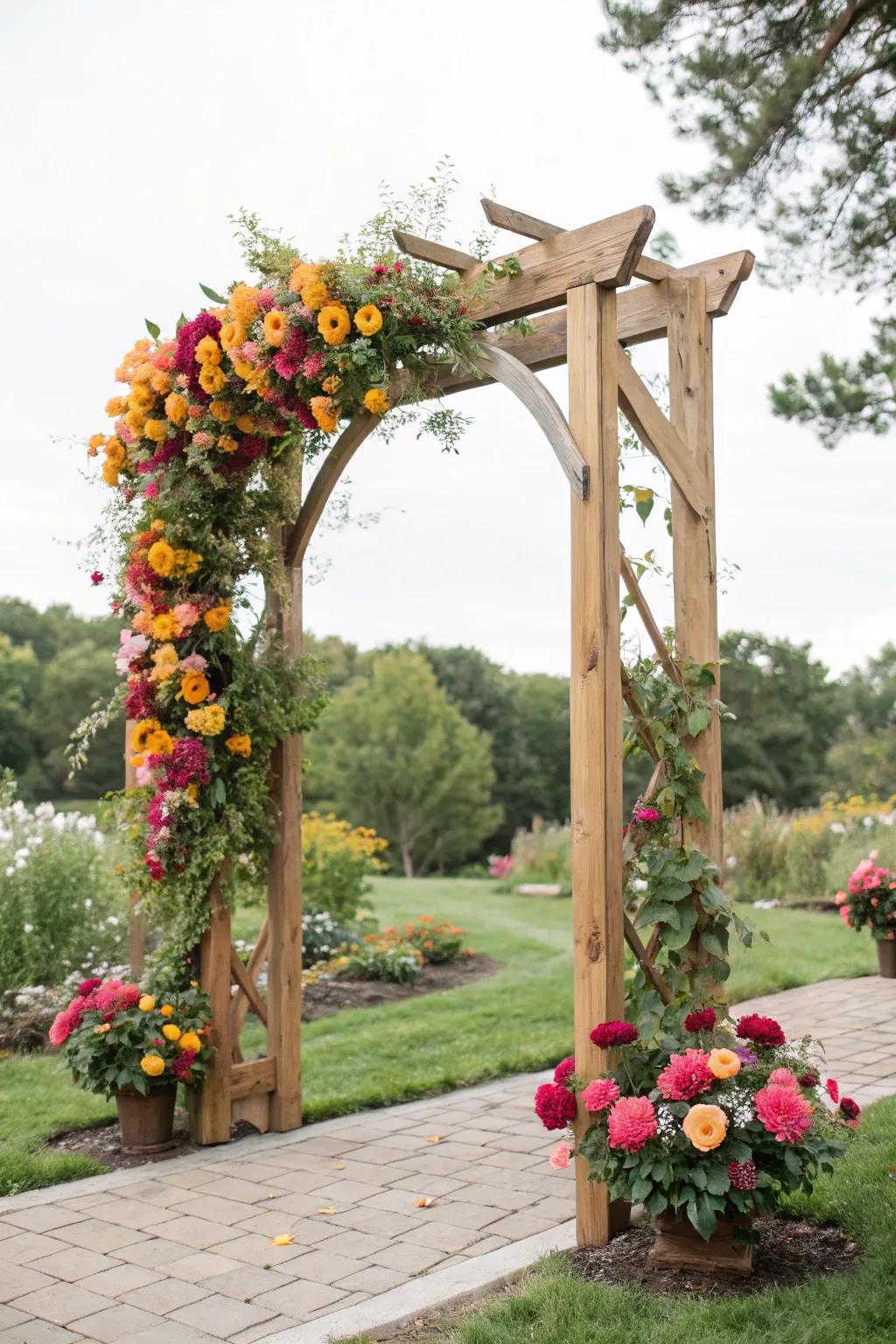 Seasonal flowers bring a lively energy to your wedding arch.