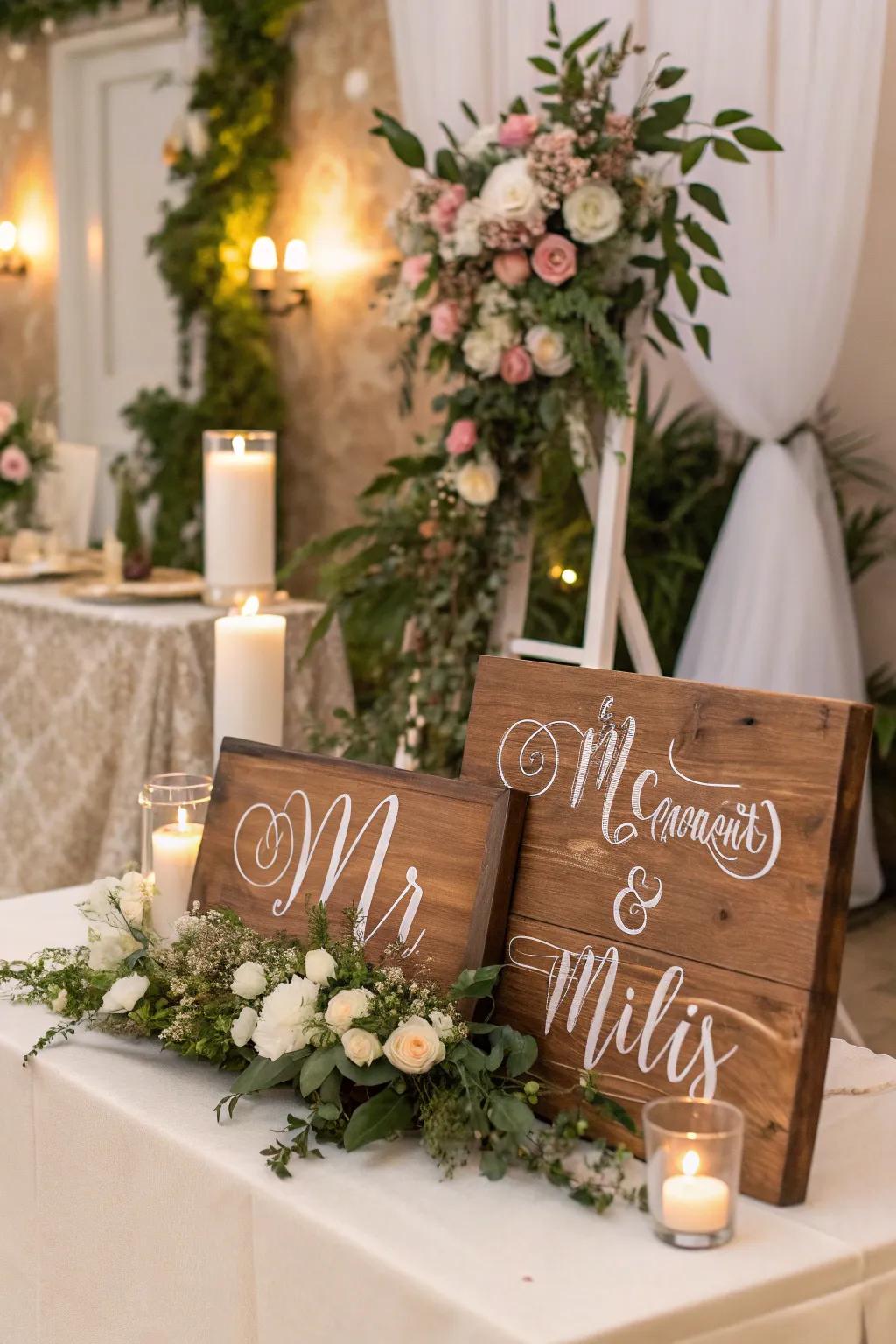 Personalized timber signage incorporates a distinctive touch to any wedding backdrop.
