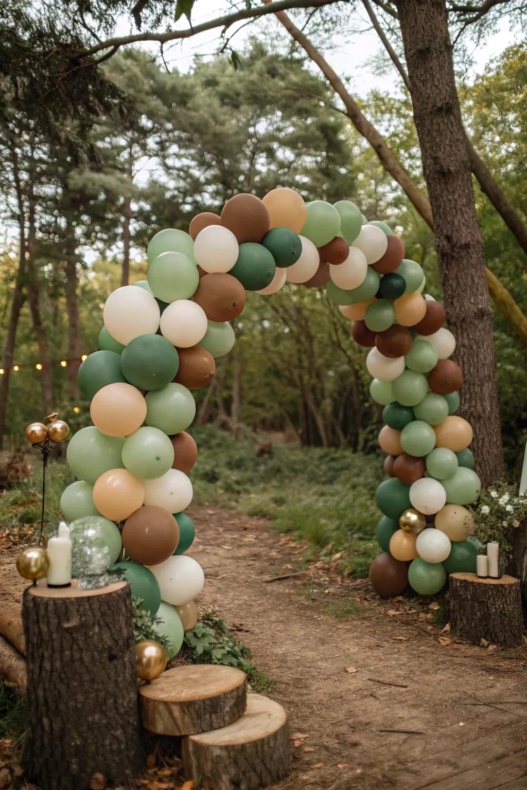 Balloon arches in natural hues generate a whimsical forest atmosphere.