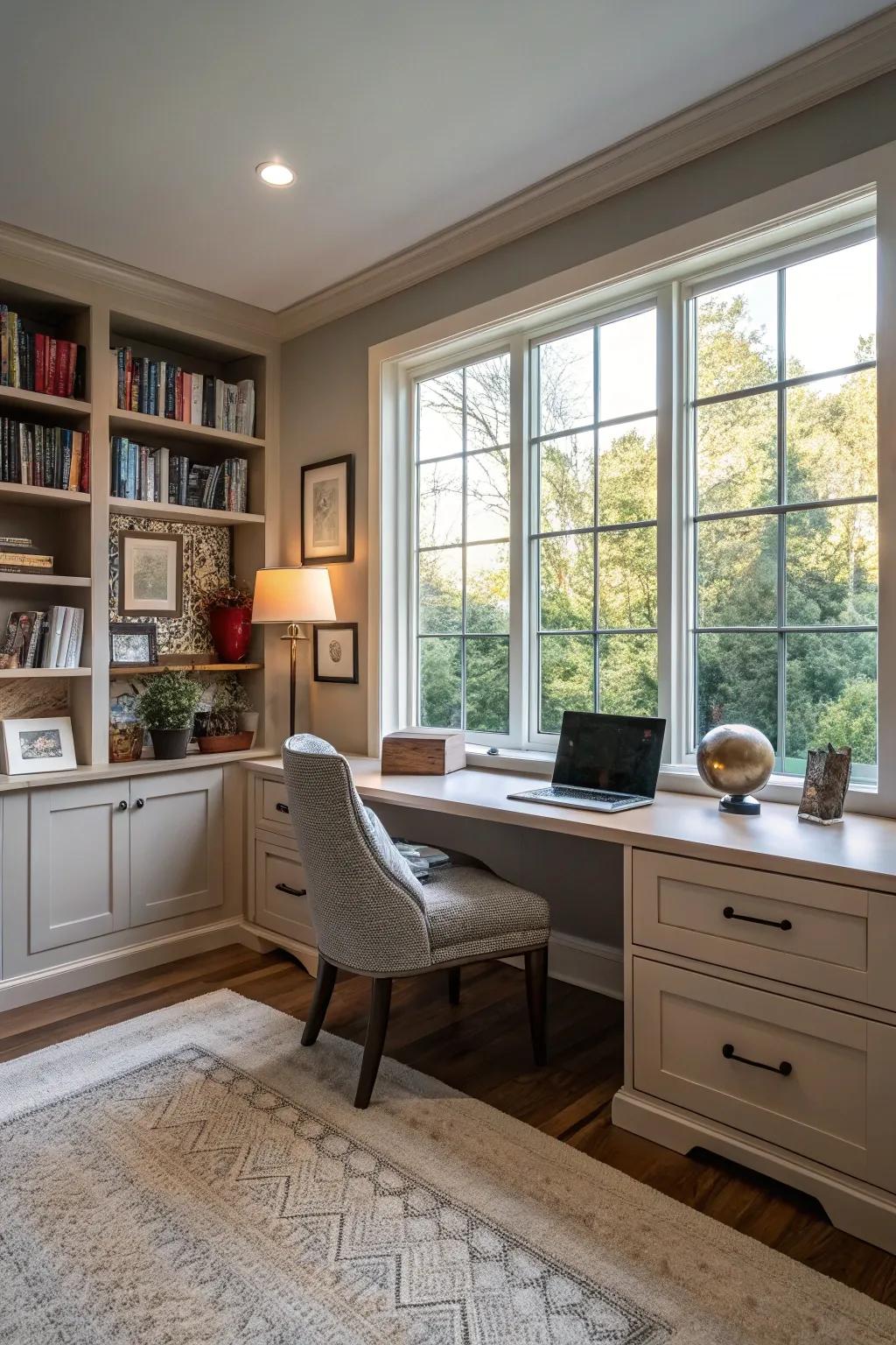 A home office is bathed in natural light, creating a revitalizing atmosphere.