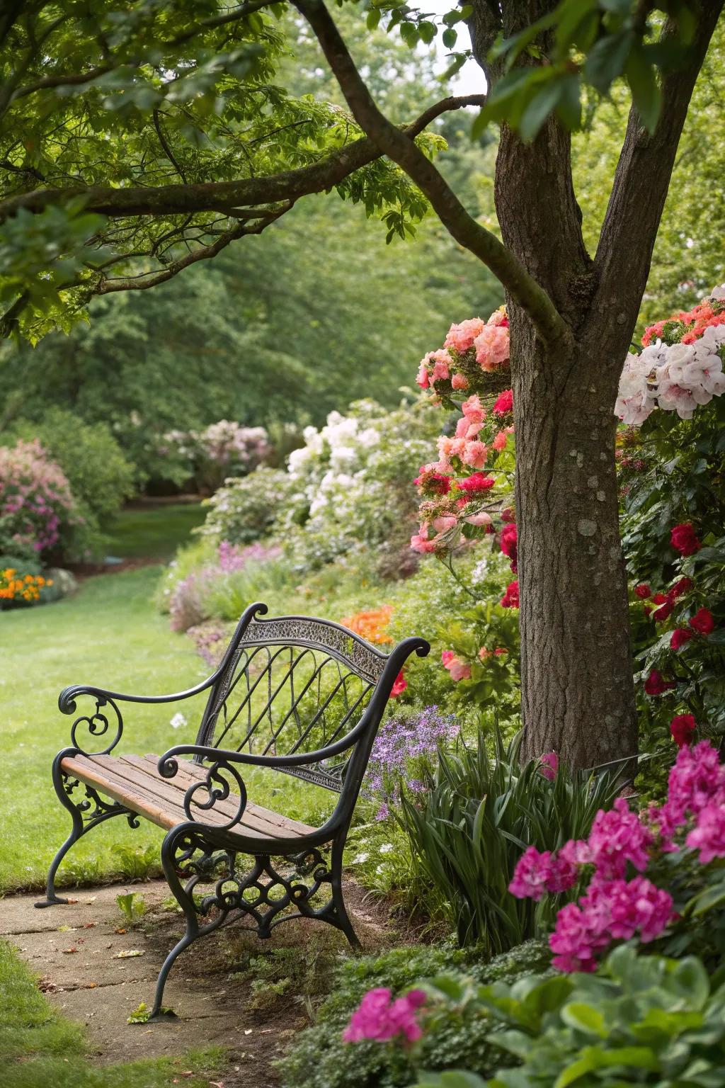 An iron seat beckons you to relax in your peaceful garden hideaway.