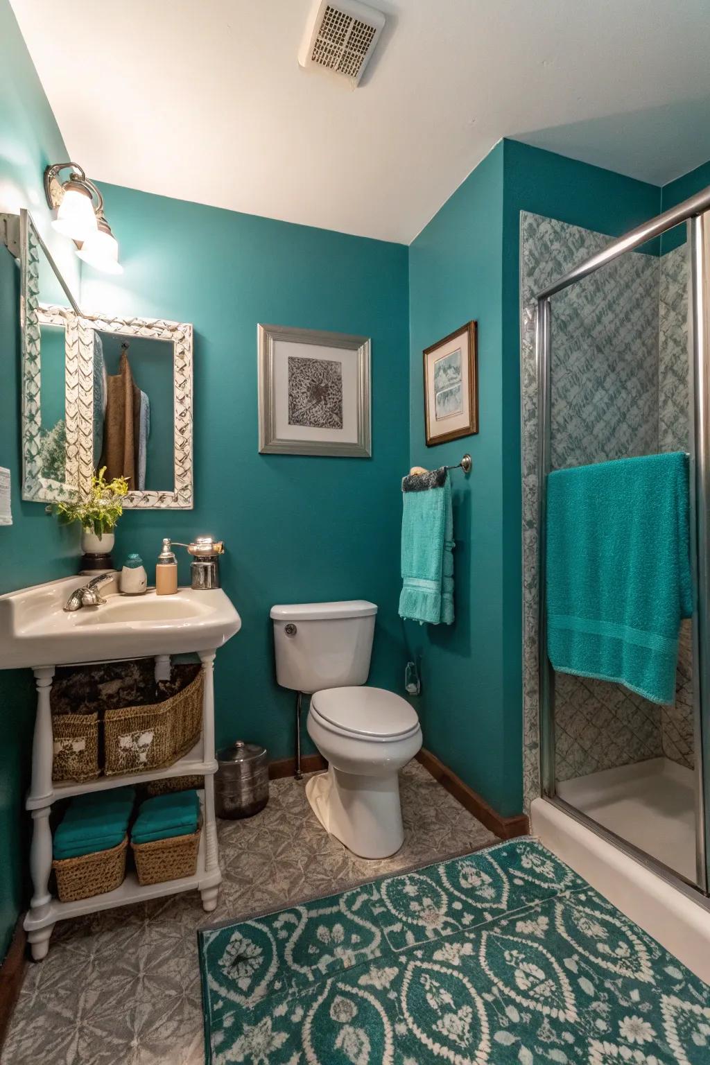 Rich blue-green walls make a striking statement in this powder room.