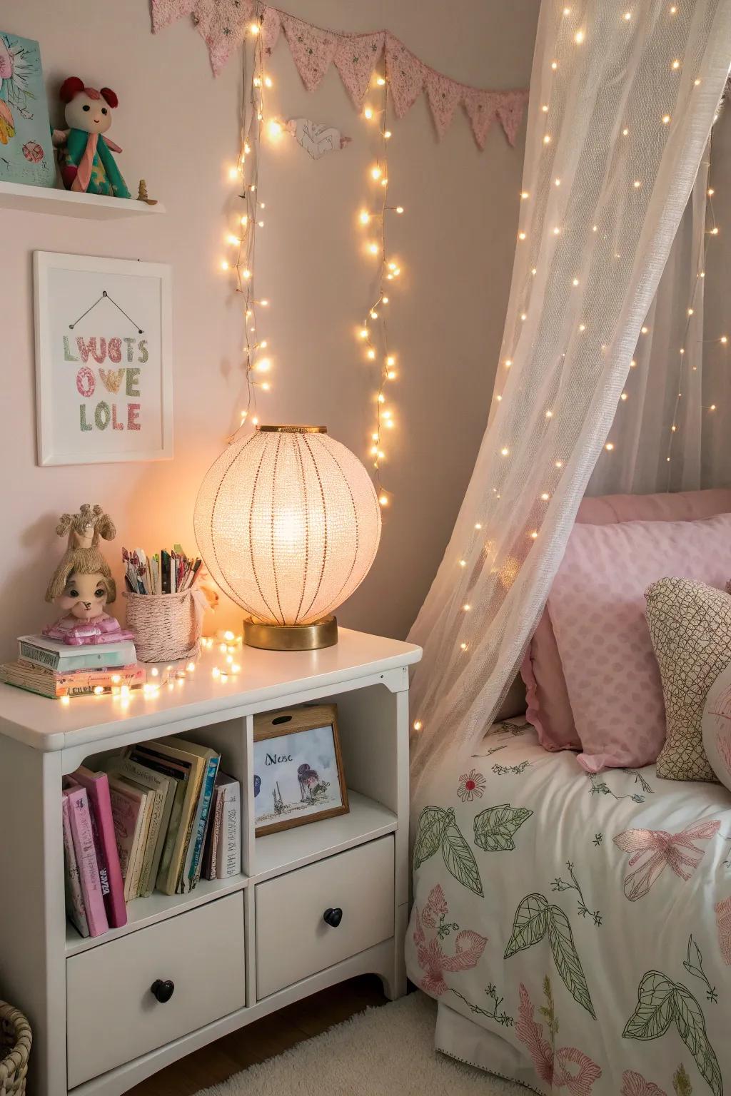 Twinkle lights add a magical touch to the bedroom ambiance.