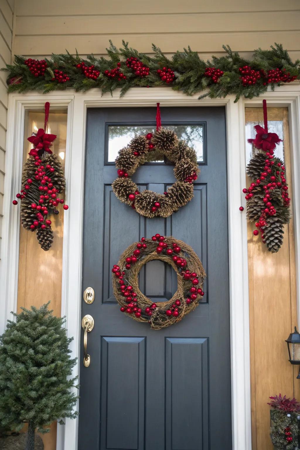 Amplify the charm with a trio of country-style wreaths.