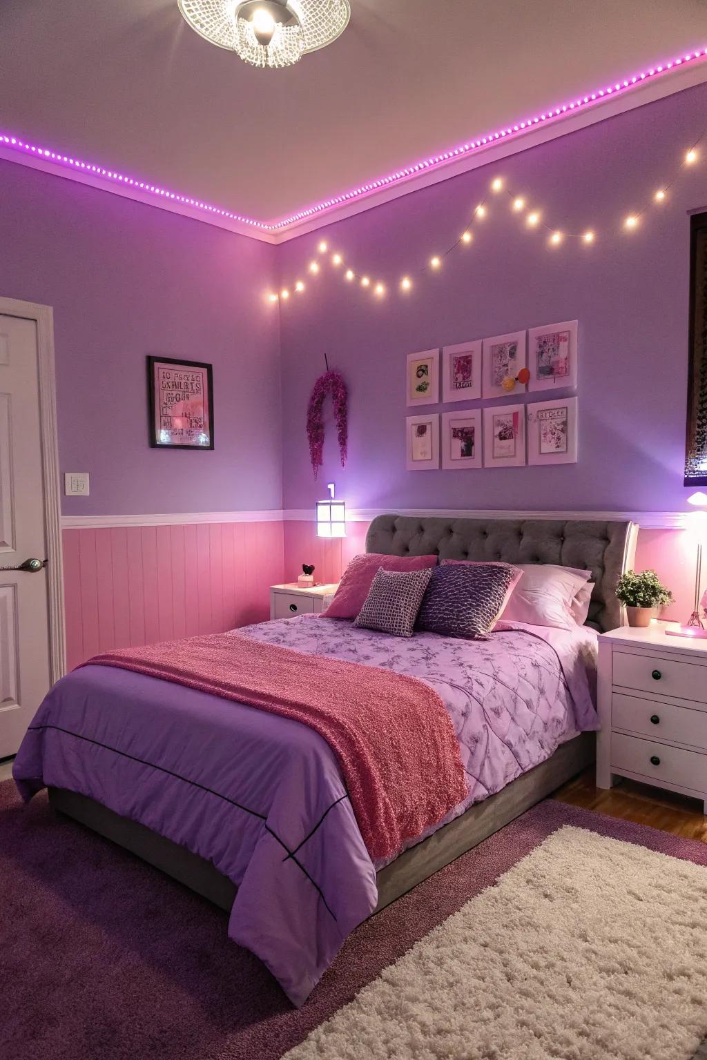 A unified lavender and rose themed bedroom highlighted by LED illumination.