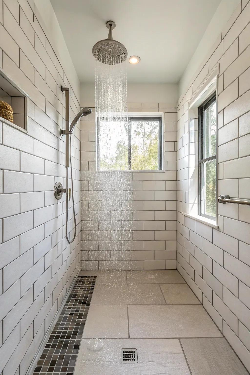 Broaden the sense of space in your shower with a horizontal tile setting.