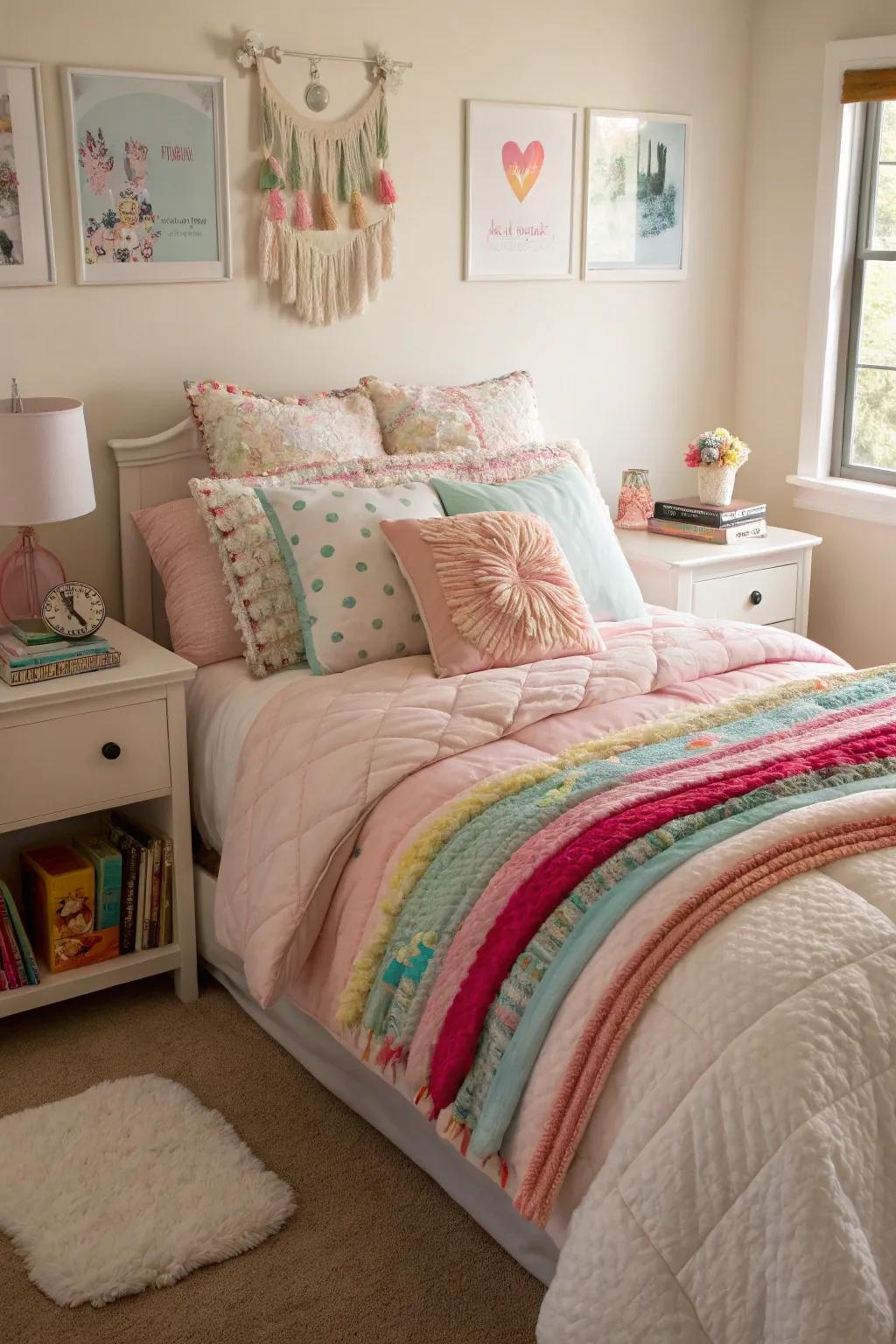 An inviting bed incorporating plush layers of bedding.