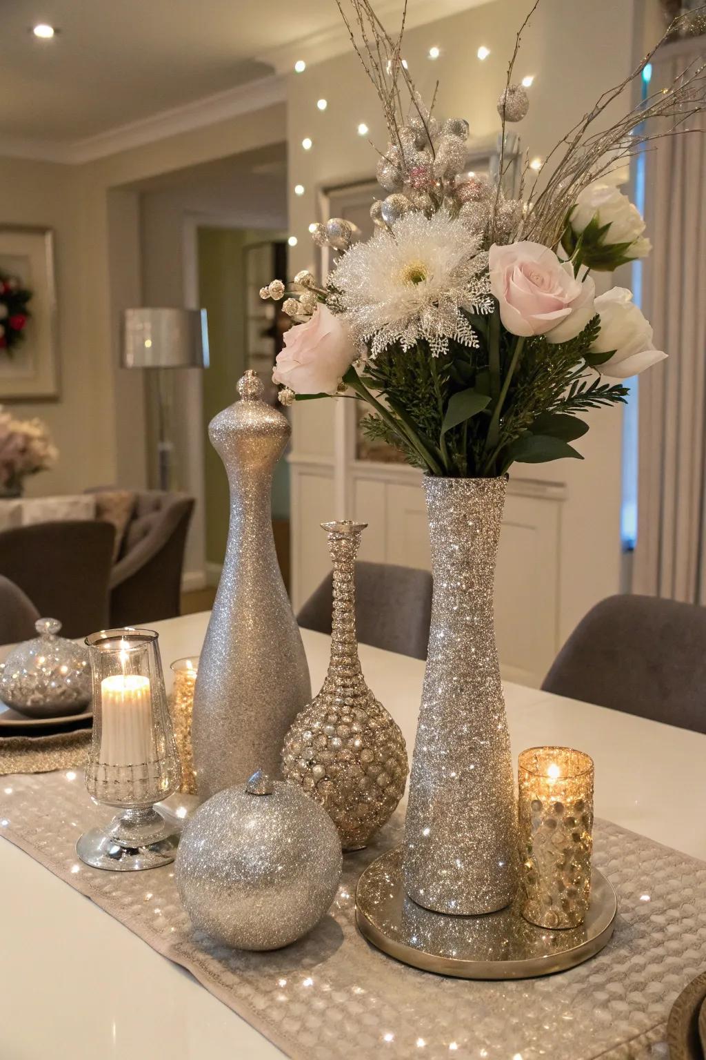Sparkling centerpieces shimmer under the ambient party lighting.