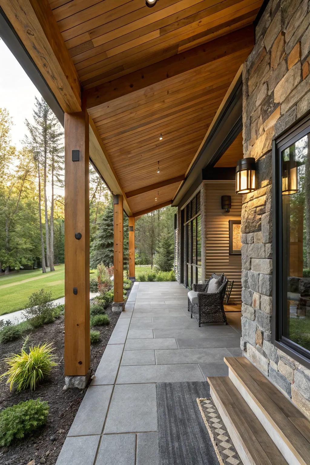 Natural accents bring a warm essence to a contemporary porch.