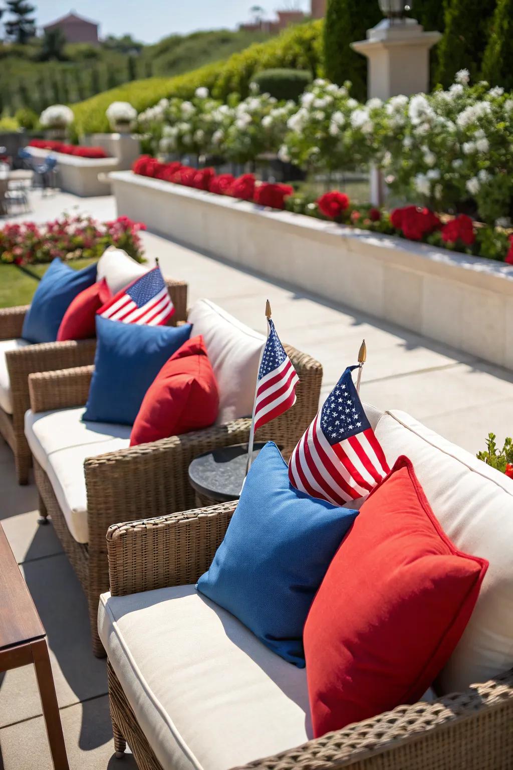 Render your exterior space inviting with themed soft cushions and flags.