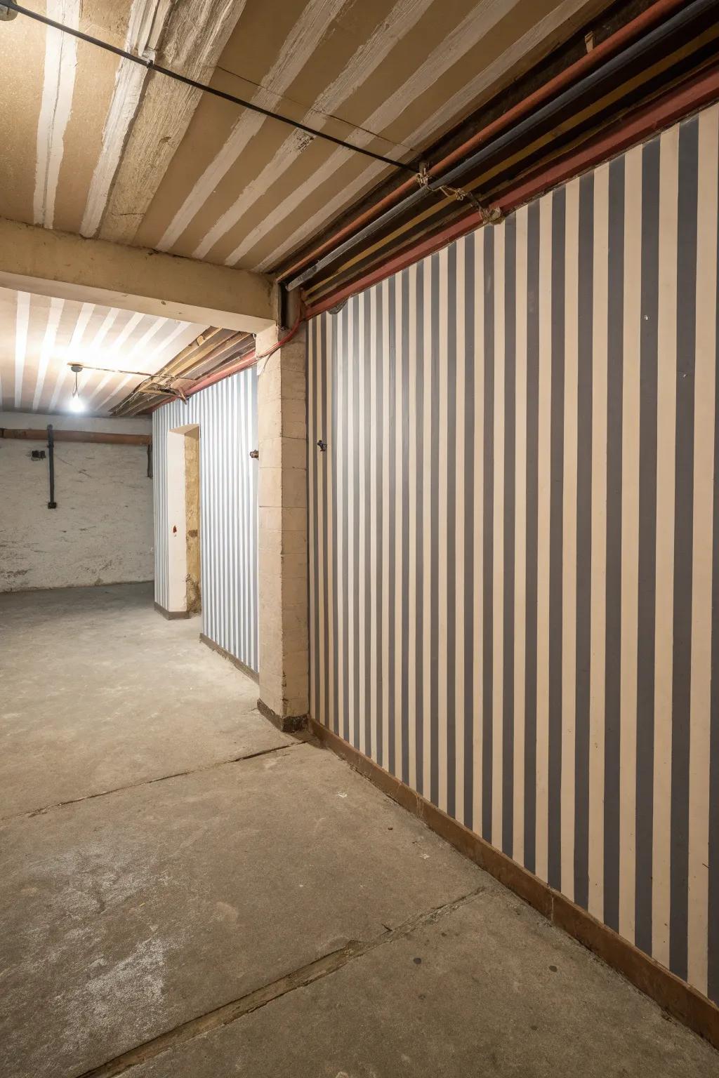 The apparent height of your basement can be enhanced by vertical stripes.
