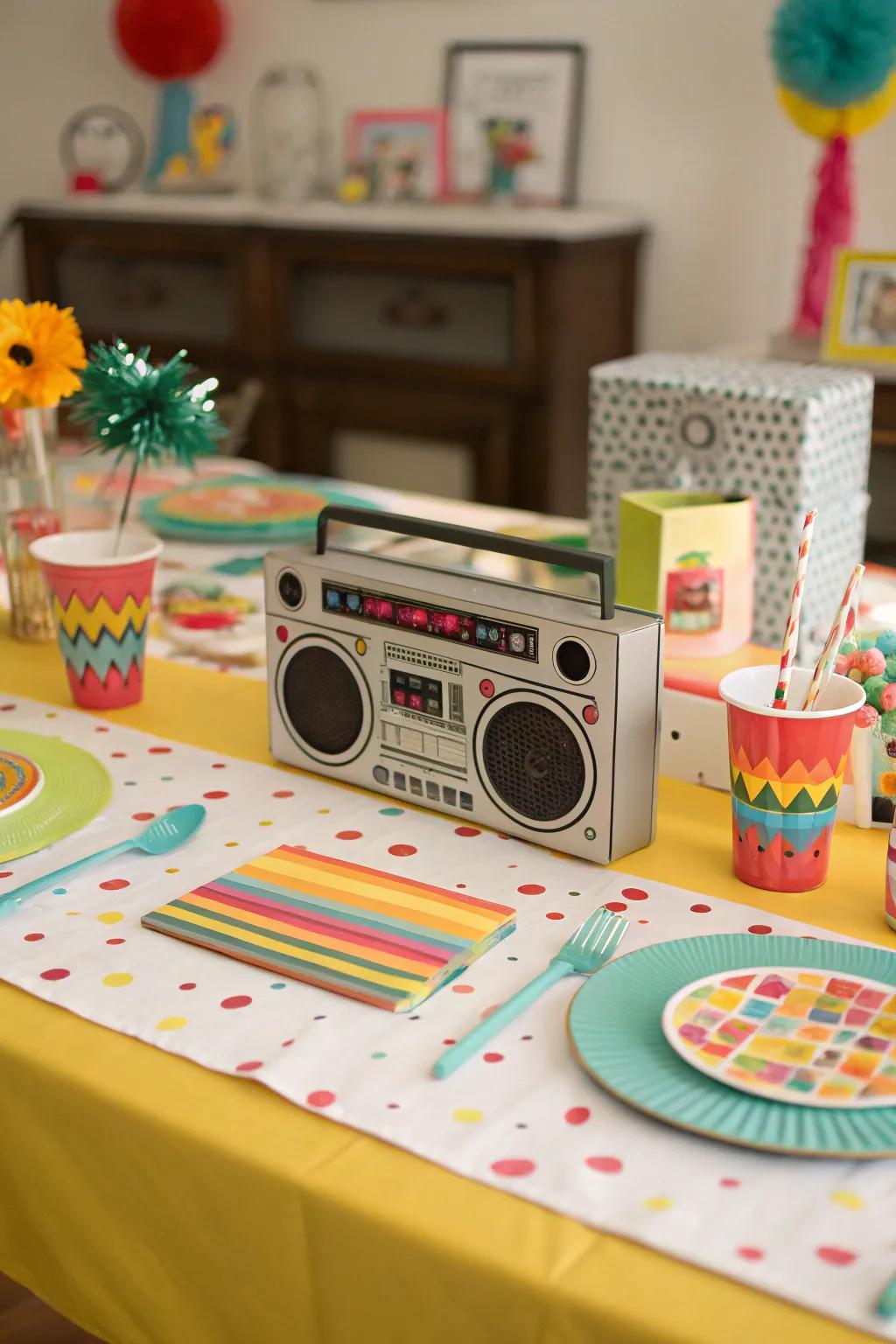 Boom box centerpieces contribute a hint of 80s music culture.
