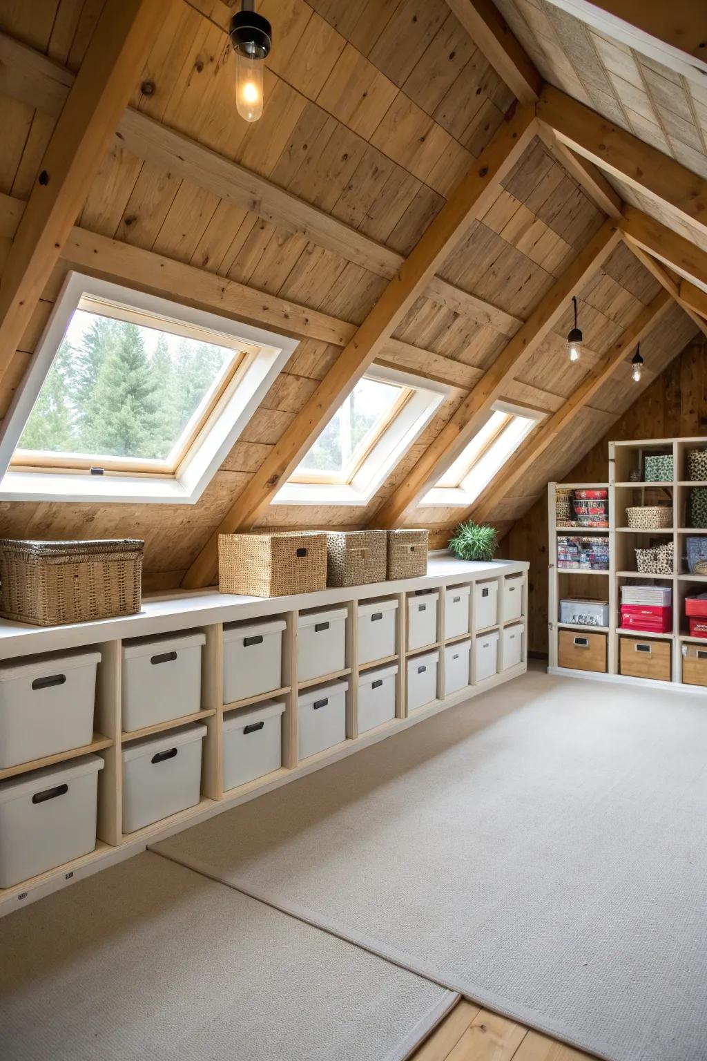 Make use of fitted storage to maximize area in your A-frame attic.